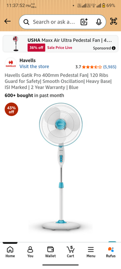 Havells Gatik Pro 400mm Pedestal Fan| 120 Ribs Guard for Safety| Smooth Oscillation| Heavy Base| ISI Marked | 2 Year Warranty | Blue