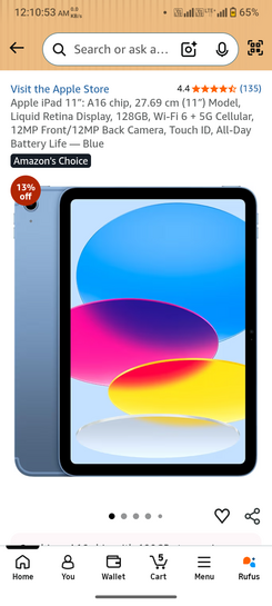Click to enlarge Apple iPad 11″: A16 chip, 27.69 cm (11″) Model, Liquid Retina Display, 128GB, Wi-Fi 6 + 5G Cellular, 12MP Front/12MP Back Camera, Touch ID, All-Day Battery Life — Blue