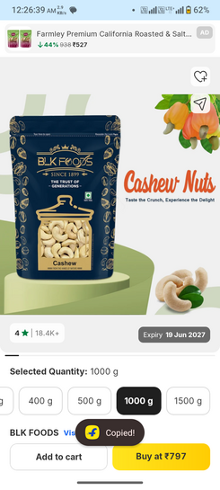 Whole 1kg Cashew Nuts Plain (100% Crunchy Kaju