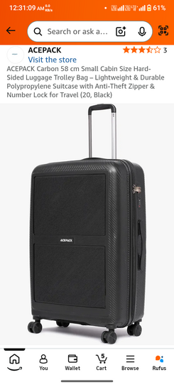 ACEPACK Carbon 58 cm Small Cabin Size Hard-Sided Luggage Trolley Bag – Lightweight & Durable Polypropylene Suitcase with Anti-Theft Zipper & Number Lock for Travel (20, Black)