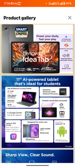 Lenovo Idea Tab (Smartchoice) | WiFi Only |11" 2.5K IPS Display |6GB RAM + 128GB ROM (Expandable Upto 2TB)| MediaTek Dimensity 6300|7040mAh|4 Speakers| Grey