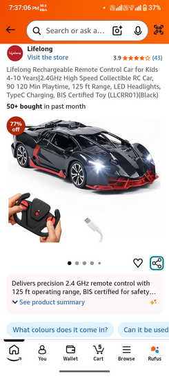 Click to enlarge Lifelong Rechargeable Remote Control Car for Kids 4-10 Years|2.4GHz High Speed Collectible RC Car, 90 120 Min Playtime, 125 ft Range, LED Headlights, TypeC Charging, BIS Certified Toy (LLCRR01)(Black
