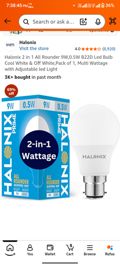 Halonix 2 in 1 All Rounder 9W,0.5W B22D Led Bulb Cool
