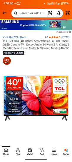 TCL (40 inches) Smart QLED Google TV @15,240