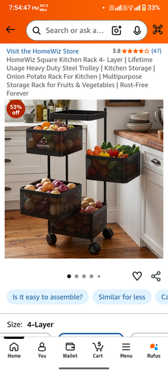 HomeWiz Square Kitchen Rack 4- Layer | Lifetime Usage Heavy Duty Steel Trolley | Kitchen Storage | Onion Potato Rack For Kitchen | Multipurpose Storage Rack for Fruits & Vegetables | Rust-Free Forever