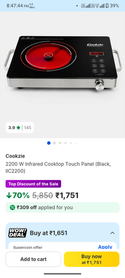 2200 W Infrared Cooktop Touch Panel