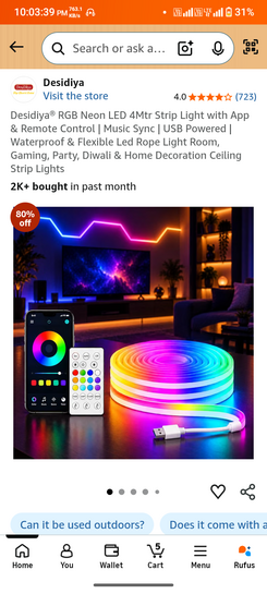 Desidiya® RGB Neon LED 4Mtr Strip Light with App & Remote Control | Music Sync | USB Powered | Waterproof & Flexible Led Rope Light Room, Gaming, Party, Diwali & Home Decoration Ceiling Strip Lights