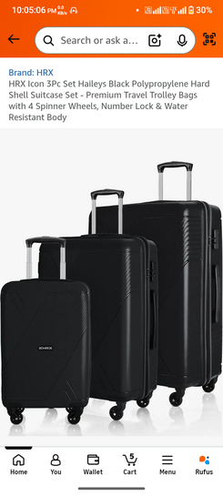 HRX Icon 3Pc Set Haileys Black Polypropylene Hard Shell Suitcase Set - Premium Travel Trolley Bags with 4 Spinner Wheels, Number Lock & Water Resistant Body