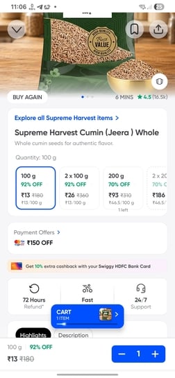 Supreme harvest jeera 100g at 13 rs on instamart