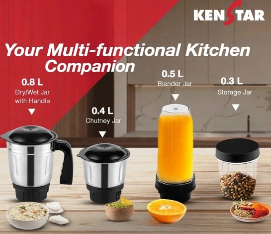 black Kenstar Slender 500 W (mixer, grinder, blender, storage jar) total 4 jars