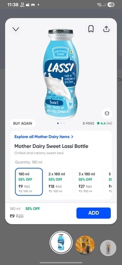 Instamart - Mother Dairy Sweet Lassi Bottle @9