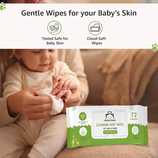Amazon Brand - Mama Bear Cleansing Baby Wipes With Lid | 216 Wipes | 72 Wipes x 3 Packs | Dermatologically Tested | With Aloe Vera & Vitamin E | Alcohol-Free | Paraben-Free | Water-Based formulation