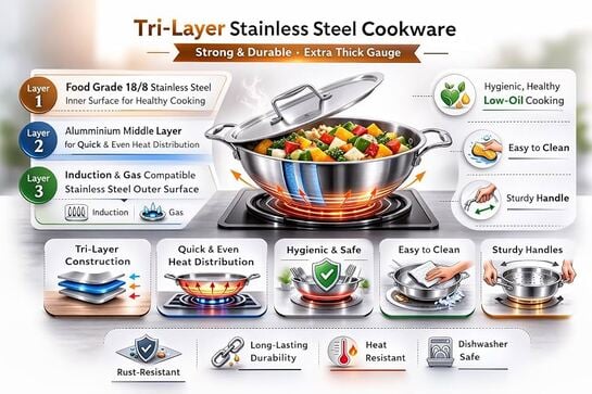 MODWARE Tri Ply Stainless Steel Kadhai with Lid, Heavy Gauge, Non-Stick, Induction Bottom, 20 CM