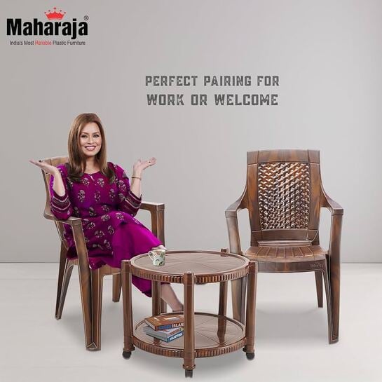 MAHARAJA Classic Plastic Table & Chair Set | Elegant Design, Sturdy Build | Perfect for Home, Office & Garden Use (Teakwood, 2 Chair+1 Table)