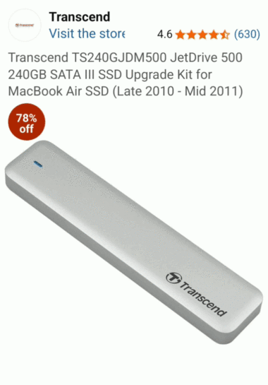 [Rewards = account specific] Transcend TS240GJDM500 JetDrive 500 240GB SATA III SSD Upgrade Kit for MacBook Air SSD (Late 2010 - Mid 2011)