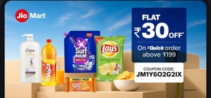 JioMart Quick Grocery ₹30 OFF on ₹199+ | Coupon Code JM1Y6O2G2IX