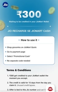 Jio mart 300 wallet credited