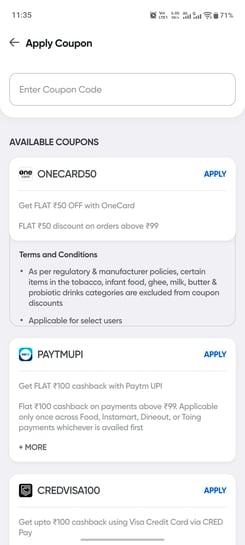 Swiggy Instamart - Flat 50 Off on MOV 99 - One card [Account Specific]