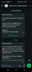 ABCD app 50 coins on having credit score above 700