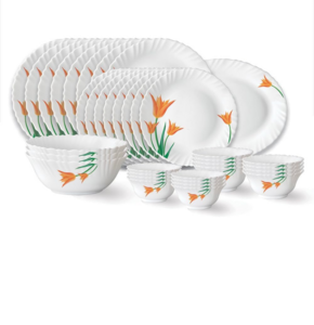 Larah by Borosil Firefly Fluted Series Opalware Dinner Set | 36 Pieces for Family of 8 | Microwave & Dishwasher Safe | Bone-Ash Free | Crockery Set for Dining & Gifting | Plates & Bowls | White