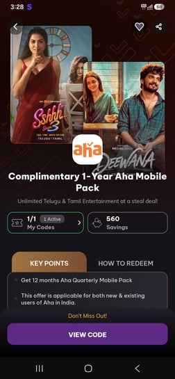 Complimentary 1year Aha Mobile subscription from Timesprime (may be user specific)