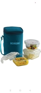 (Lowest)Borosil Teal Bag, 3 Pc (320 ml x 2 + 240ml x 1 ), Office Tiifin 3 Containers Glass Office Lunch Box