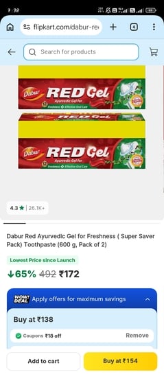 Flipkart loot:600 gm dabur toothpaste at 154