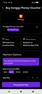 Swiggy money Rs. 500/- gift voucher @ 10% discount @ ONPOINT APP/ website