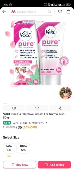 Myntra: Veet 50gm at 35 rs