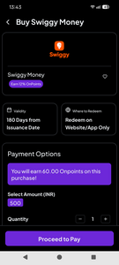 Rs. 500/- SWIGGY MONEY GV @ 12% discount in ONPOINT WEBSITE/ APP