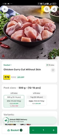 Click to enlarge Chicken 500gm @79rs (fresho) curry size cutting meat