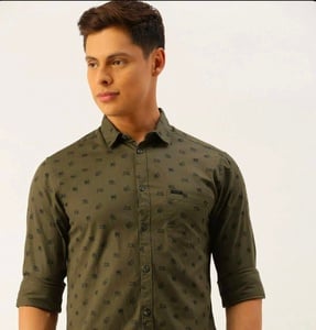 The Indian Garage Co - Men's Olive Green Slim Fit Printed Spread Collar Full Sleeves Shirt