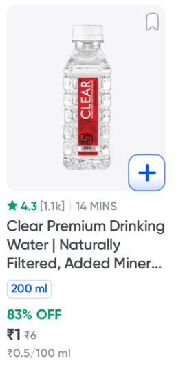 Clear Premium Drinking Water 200ml | Naturally Filtered, Added Minerals for Pure & Refreshing Taste | Bottle on Instamart
