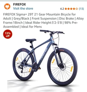 Click to enlarge FIREFOX Aluminium Alloy Sigma+ 29T 21 Gear Mountain Bicycle for Adult | Grey/Black | Front Suspension | Disc Brake | Alloy Frame:18inch | Ideal Rider Height:5'2-5'8 | 98% Pre-Assembled | Ideal for Mens