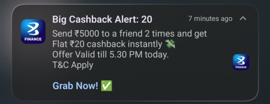 Bajaj - send 5k 2 times and get 20 cashback