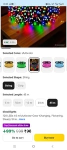 LED String -120 LEDs 45 Mtr Multicolor Color Changing, Flickering, Steady String Rice Lights