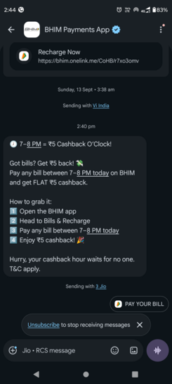 BHIM Rs. 5 Flat Cashback any bill payment 7-8 PM