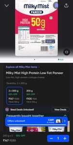 Instamart - milky mist high protein paneer @147 for 400gm