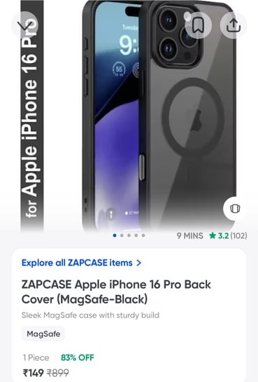 ZAPCASE Apple iPhone 16 Pro Back Cover (MagSafe-Black)