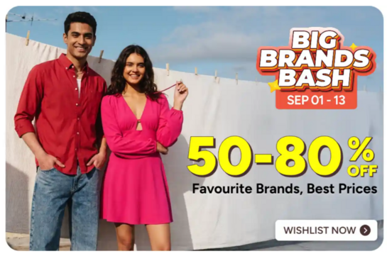 Myntra Big Brands Bash Sale 50-80% off + 10% off on Bank Credit Cards (1st - 3rd Sept)