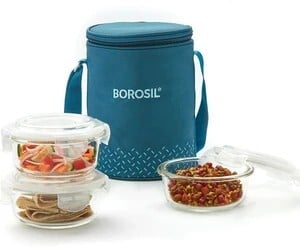 BOROSIL Teal Lunch Box with Bag, 3 Pc (400 ml x 3 Round), Glass O...more