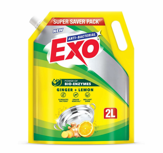 Exo Yellow Dishwash Liquid 2 L Pouch Ginger & Lemon Tough Grease Removal for Utensils Anti-Bacterial Dishwashing Liquid