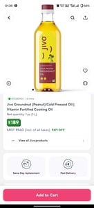 Zepto - Jivo Cold Pressed Ground Nut Oil 1L @ ₹189
