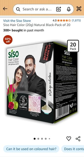 Siso hair colour - Natural Black 20gm - Pack of 20