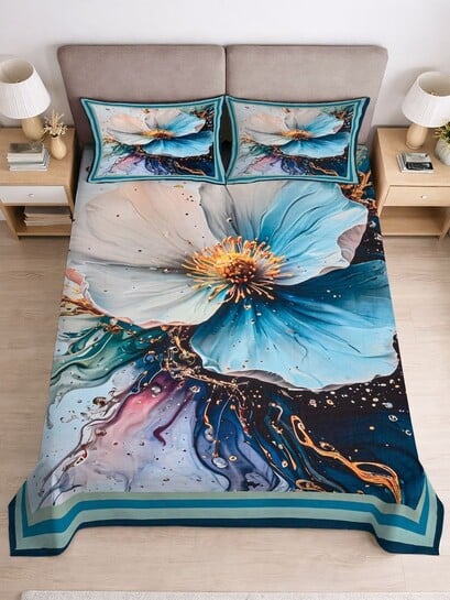 Click to enlarge Buy Myntra Elegant Homes Blue Floral Digital Print King Flat Bedsheet With 2 Pillow Covers - Bedsheets for Unisex 42650691 | Myntra