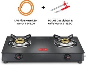 Prestige Atlas Plus Toughened Glass top with Lighter Knife and Hose Pipe Glass Manual Gas Stove (2 Burners)