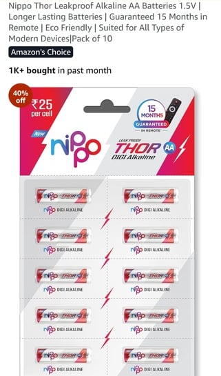 Nippo Thor Leakproof Alkaline AA Batteries 1.5V pack of 10