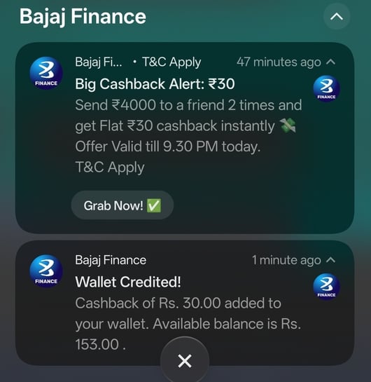 Bajaj - Send 4000*2 to a friend and get flat 30 Cashback