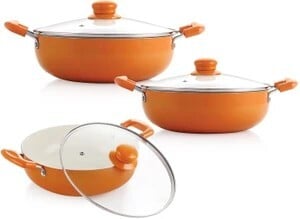 NIRLON Ceramic Coated Aluminum Kadai with Glass Lid 3pcs