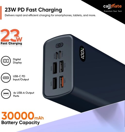 Click to enlarge Callmate 30000 mAh 23 W Power Bank (Blue, Lithium Polymer, Fast Charging for Mobile, Earbuds, Speaker, Tablet, Trimmer)